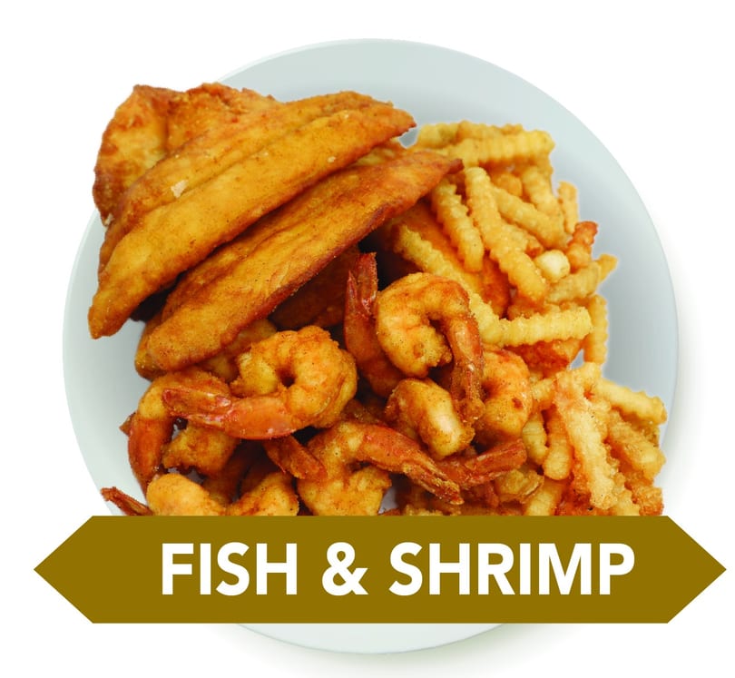 A white plate holds fried fish fillets, crispy shrimp, and crinkle-cut french fries.