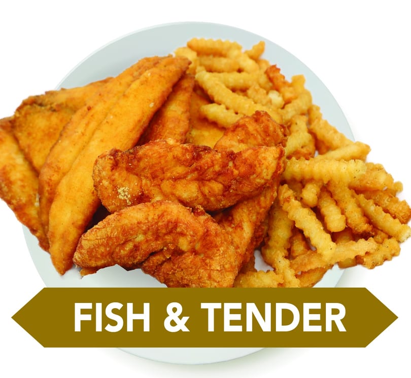Crispy fried fish fillets, chicken tenders, and crinkle-cut fries on a white plate.