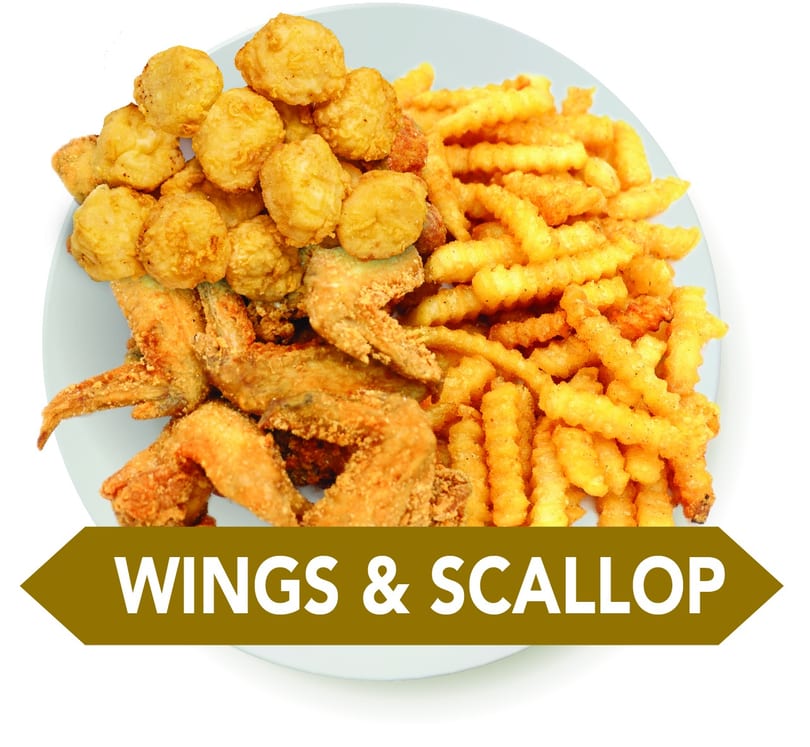 Fried chicken wings, golden scallops, and crinkle-cut fries on a white plate.